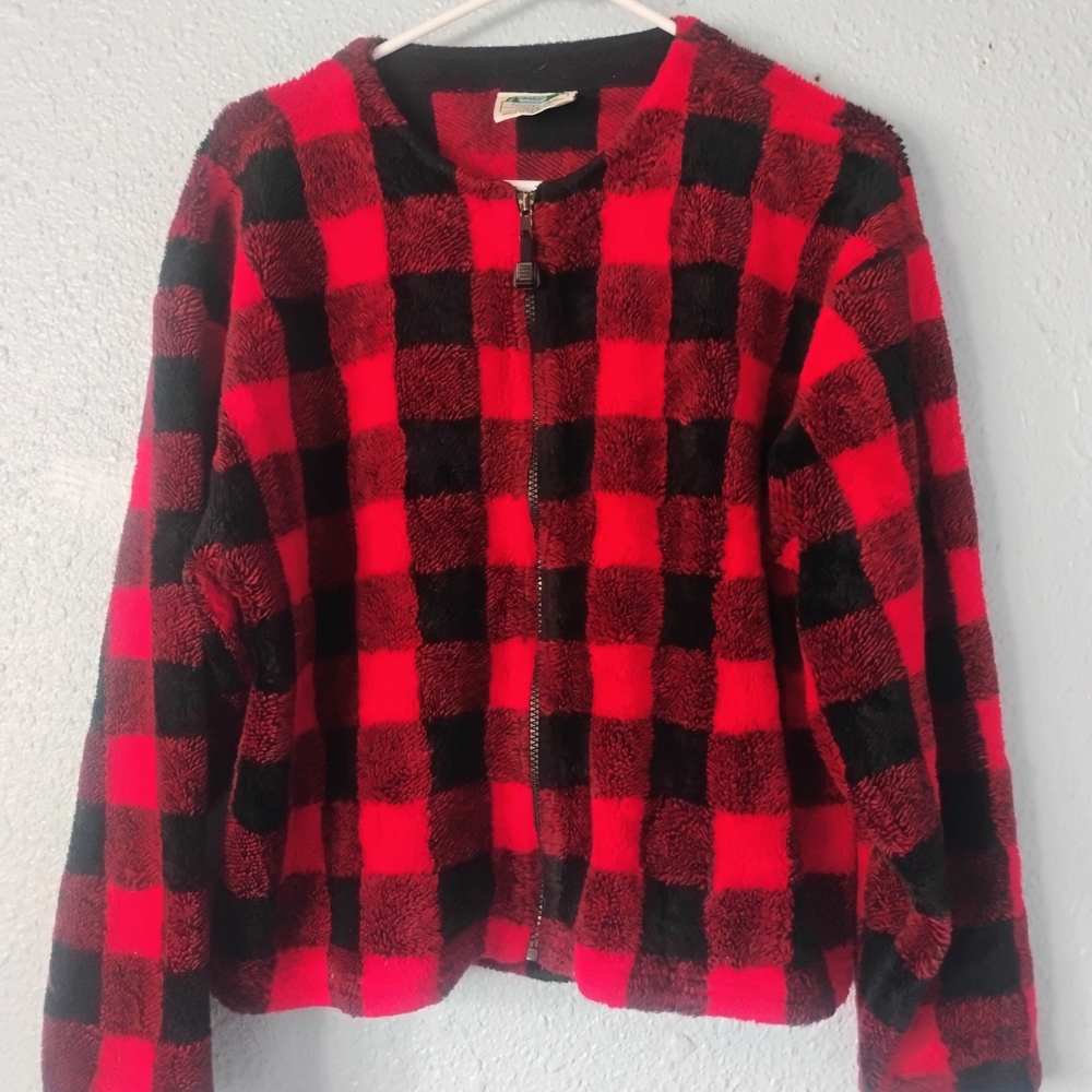 Red and Black Checkered Fleece Jacket Vintage Top Men's Or Women's Large Flannel